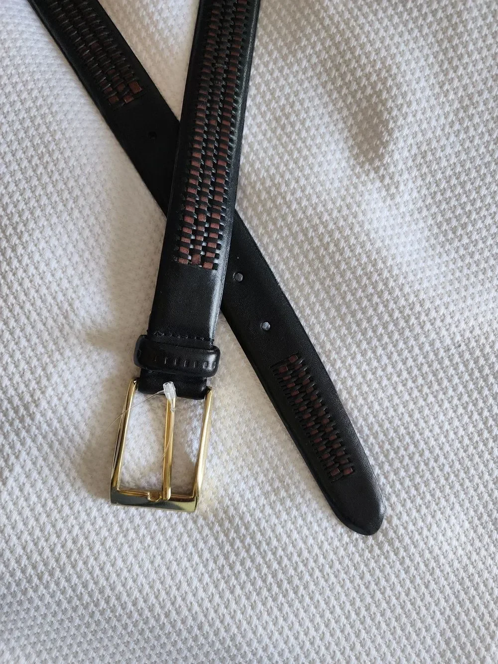 Trafalgar Black Leather Belt with Brown Woven Inlay and Gold Buckle